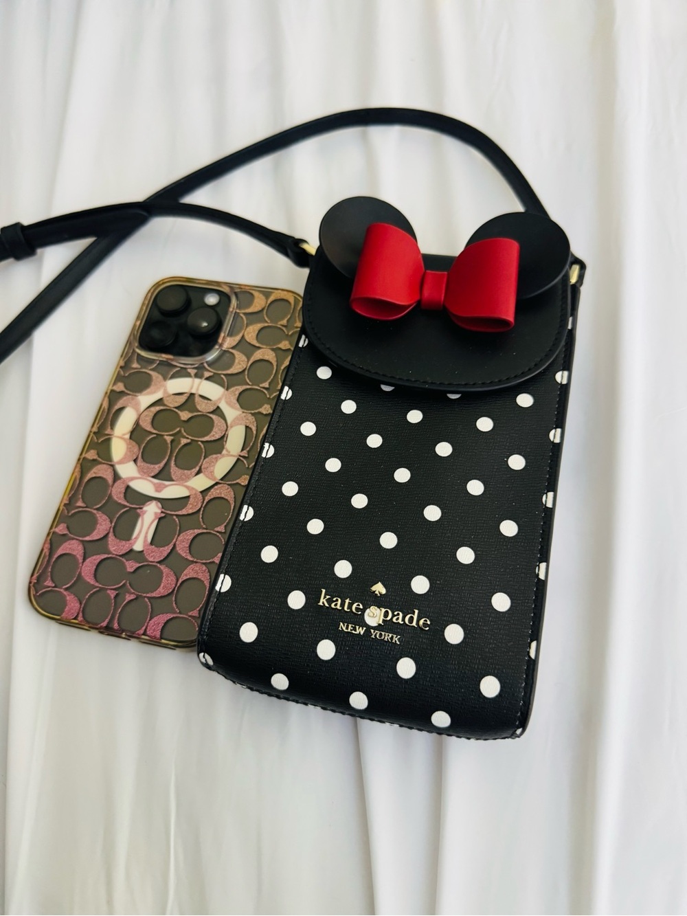 kate spade Black & White Polka Dot Minnie Mouse Phone Crossbody with Red Bow
